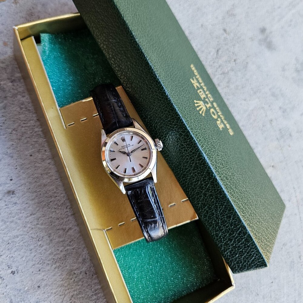 (sale) Rolex Ladies 24mm OP 6619 Steel On Black Leather Strap - Picture 4 of 13